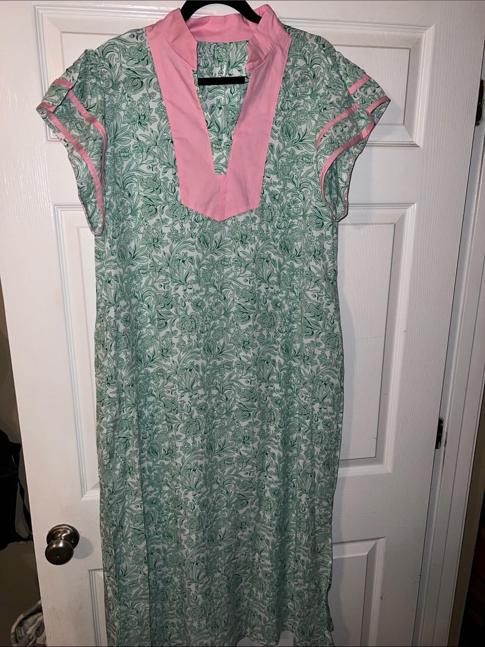 Green Floral Maxi Dress with Pink Trim